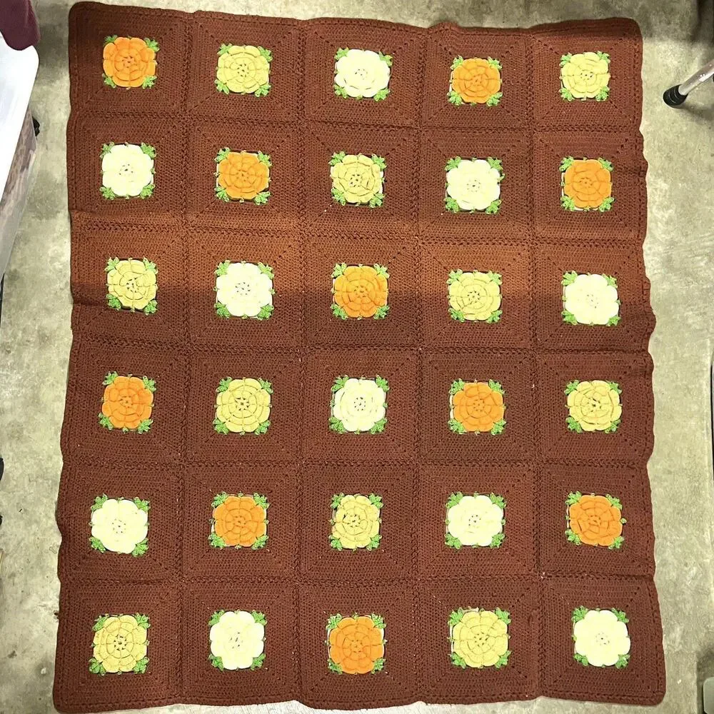 VTG Afghan Blanket 3D Flower Crochet Granny Square Handmade Throw Brown 60”x50”